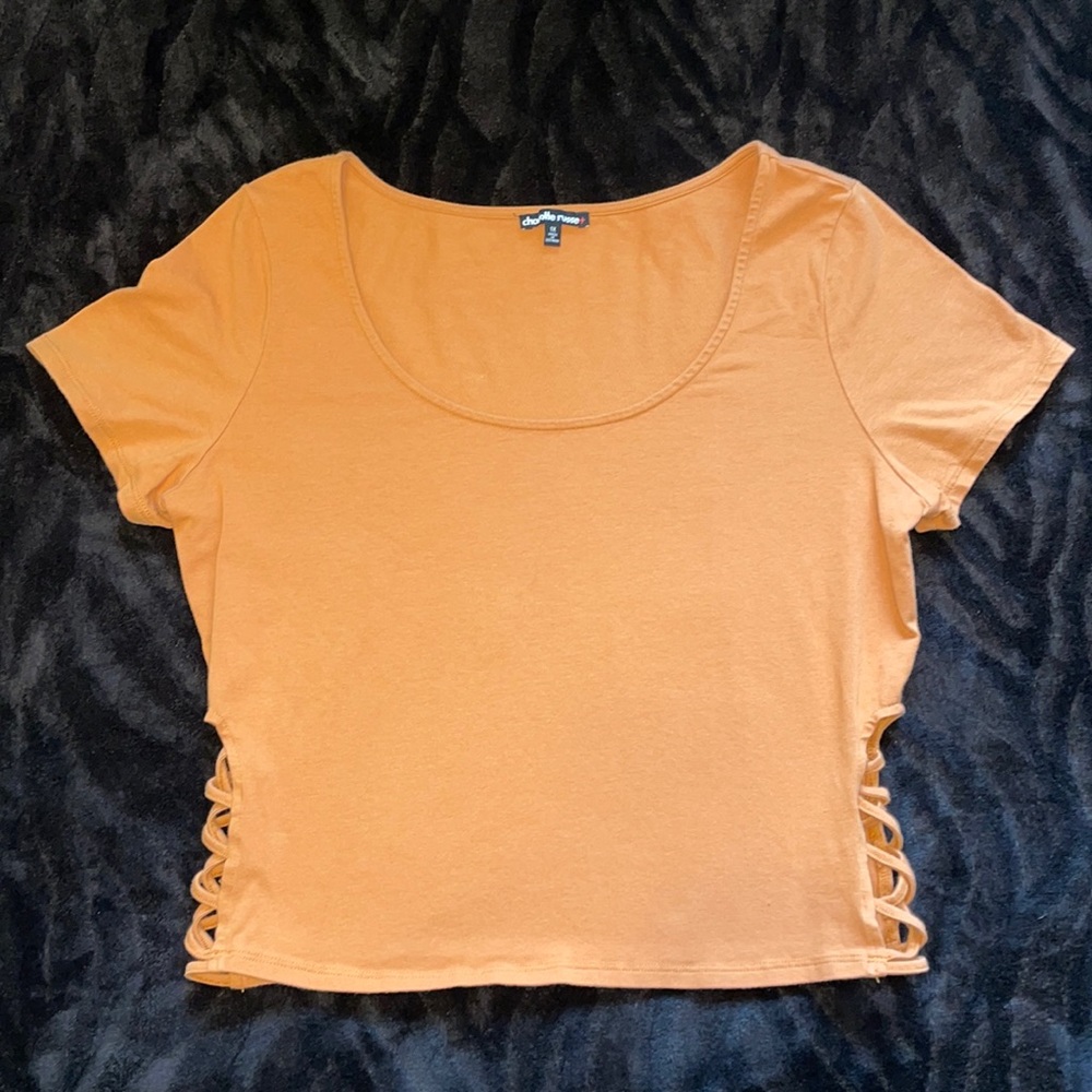Charlotte Russe Sz 1X burnt orange short sleeve scoop nk T-shirt w lacing accent